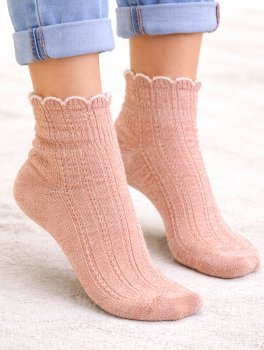 Calzini Corti in Cotone e Lino con Polso a Fiore - Salmone e Panna - 4