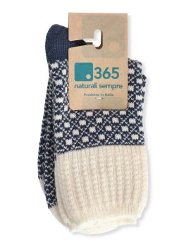 Calzini Jacquard Donna in Lana Merinos Extra Fine "Tessea" - Panna e Blu - 2