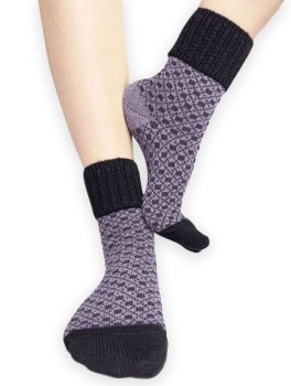 Calzini Jacquard Donna in Lana Merinos "Tessea" - Nero e Lilla - 1