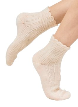 Calzini Medi Donna in Lana Merinos con Ricamo "Vega" - Beige - 1