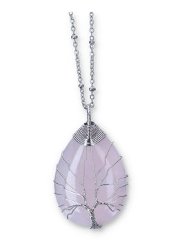 Collana con Ciondolo Albero della Vita a Goccia in Quarzo Rosa - 1