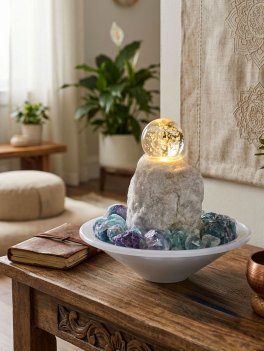 Fontanella in Alabastro con Sfera di Cristallo Rotante - Calcite - 2