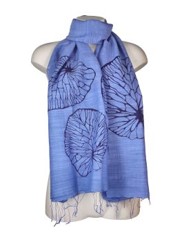 Foulard in Cotone e Seta Stampa Foglie di Loto Blu - 1