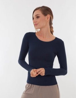 Maglia Girocollo in Tencel a Maniche Lunghe - Blu - 2