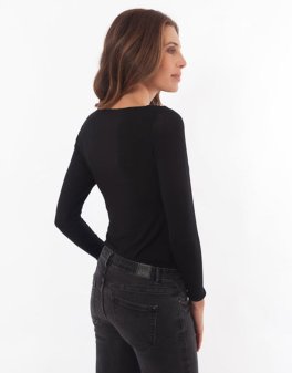 Maglia Scollo a Barchetta in Tencel™ a Costine Manica Lunga - Nero - 3