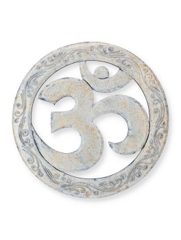 Pannello Om in Legno con Cornice Tonda Decorata - Bianco e Oro - 2