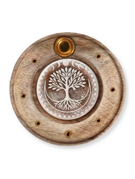 Portaincenso Rotondo in Legno di Mango Sbiancato - Albero della Vita - 1