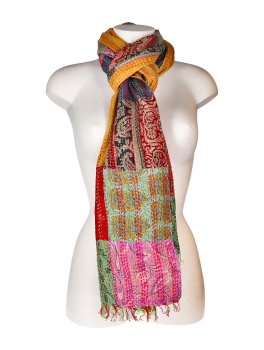 Sciarpa Patchwork in Sari Riciclato di seta e cotone con Ricamo Kantha - Ruggine - 2