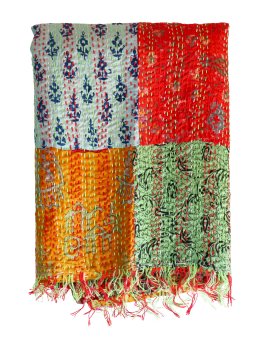 Sciarpa Patchwork in Sari Riciclato di seta e cotone con Ricamo Kantha - Ruggine - 3