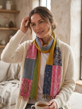 Sciarpa Patchwork in Sari Riciclato di seta e cotone con Ricamo Kantha - Ruggine - 4