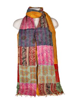 Sciarpa Patchwork in Sari Riciclato di seta e cotone con Ricamo Kantha - Ruggine - 1