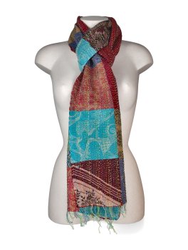 Sciarpa Patchwork in Sari Riciclato di seta e cotone con Ricamo Kantha - Ruggine - 2