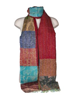 Sciarpa Patchwork in Sari Riciclato di seta e cotone con Ricamo Kantha - Ruggine - 1