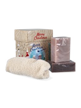 Scrigno "Snowball" con Saponi Artigianali Cioccolato e Fiordilatte + Guanto in Cotone - 1