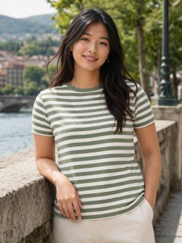 T-Shirt Donna in Cotone Bio Khira- Righe Verde Timo - 1