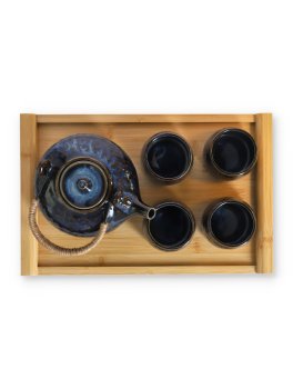 Zen Set Tè - Vassoio in Bambù con Teiera e 4 Tazze in Porcellana Blu - 2