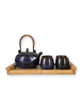 Zen Set Tè - Vassoio in Bambù con Teiera e 4 Tazze in Porcellana Blu - 1