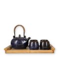 Zen Set Tè - Vassoio in Bambù con Teiera e 4 Tazze in Porcellana Blu
