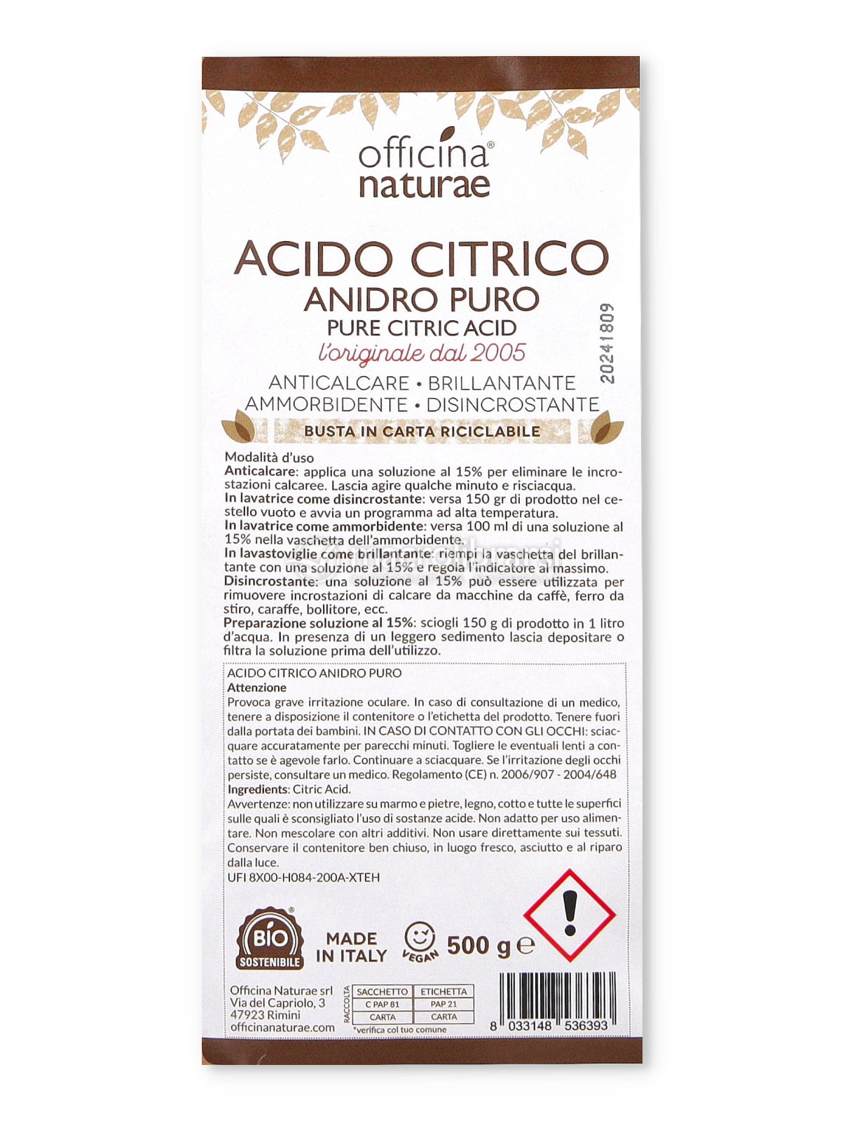 Acido Citrico Anidro Puro di Officina Naturae - Detersivi 