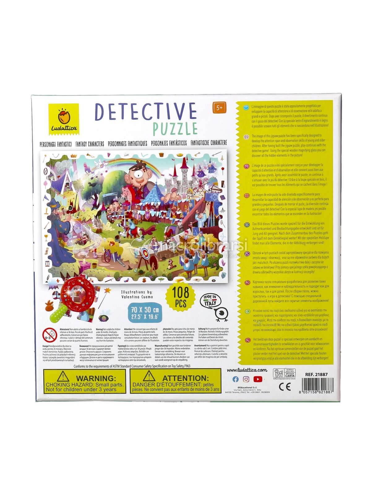Ludattica Detective Puzzle Personaggi Fantastici - Puzzle 108 Pezzi Per Bambini 5+, Dimensioni 70x50cm, Con Lente D'Ingrandimento In Legno, Made In Italy