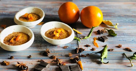 Crema all’arancia speziata, amasake e scorza al cioccolato