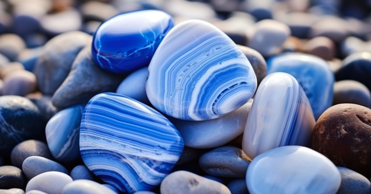 Pietre di agata dal pizzo blu in diverse forme e dimensioni 