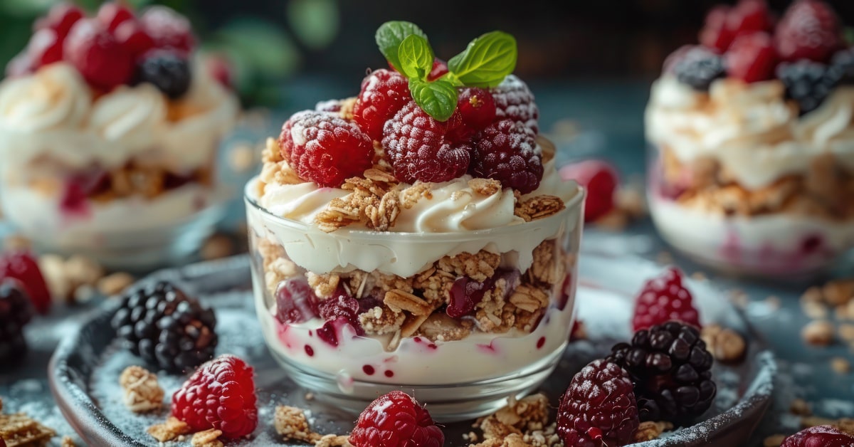 Granola in bicchere con yogurt e lamponi per una colazione o uno spuntino gustoso e sano