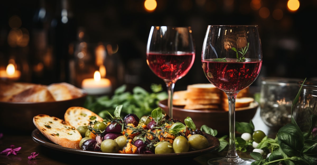 Bicchieri di vino rosso a tavola con piatto di apertivo, olive e bruschette