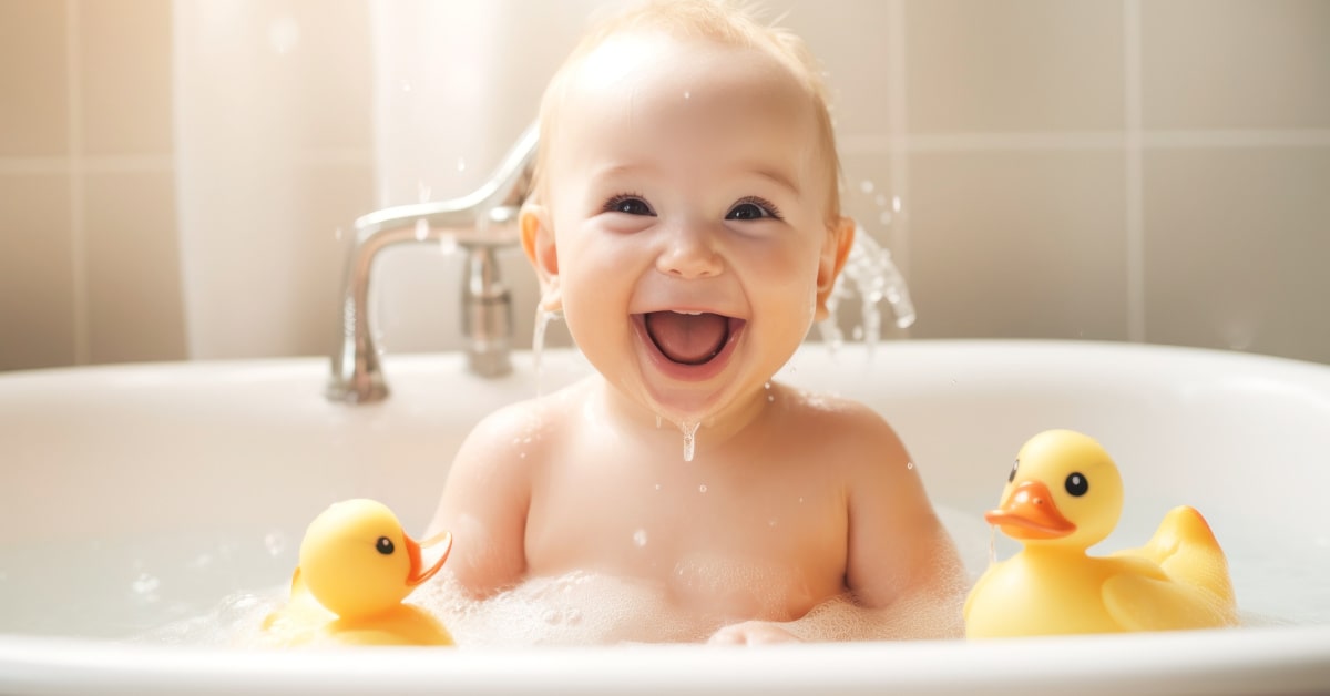 Bambino mentre fa il bagnetto e si diverte con i giochi nella vasca
