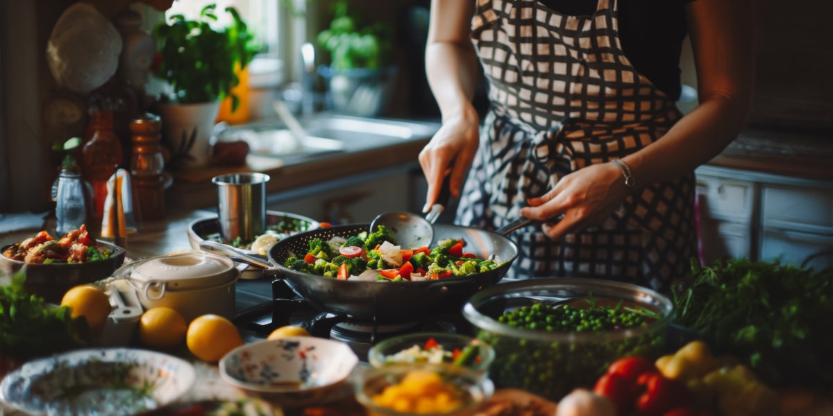 Donna che cucina verdure, concetto di cucina sana senza cibi ultra-processati