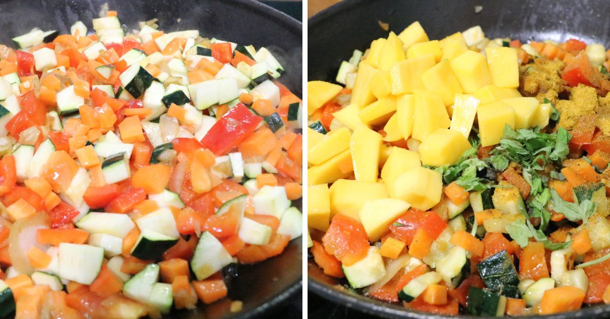 Verdure cotte in padella per cous cous con mango