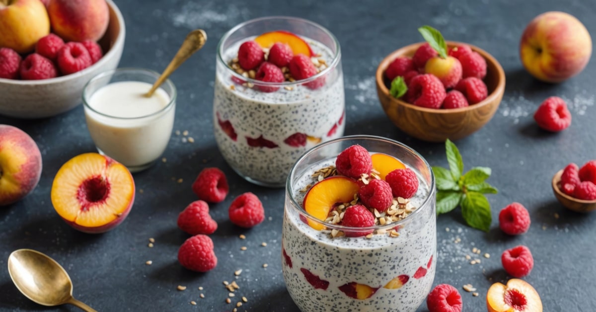 Chia pudding con lamponi e pesche in barattoli di vetro