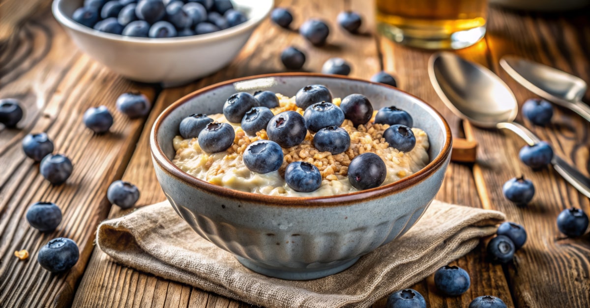 Ciotola con overnight oats ai mirtilli freschi per una sana colazione