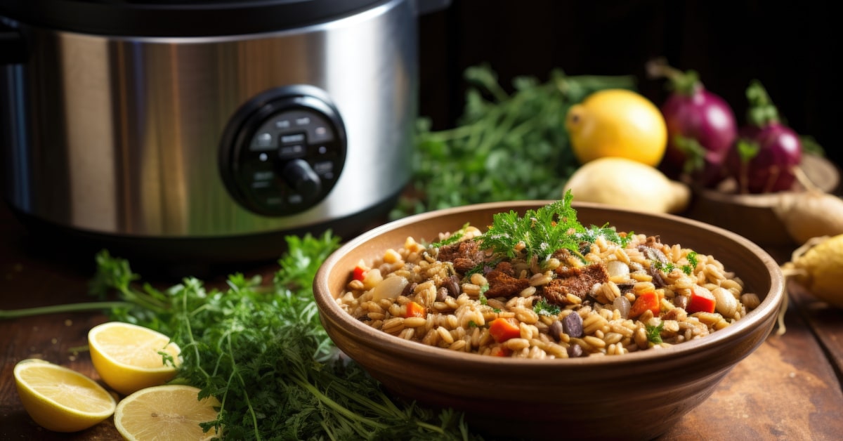 Piatto di legumi, cereali e verdure cotto in pentola a pressione