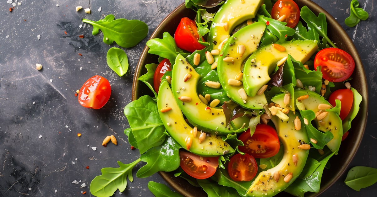 Insalata di avocado, pomodorini e semi di girasoli tostati