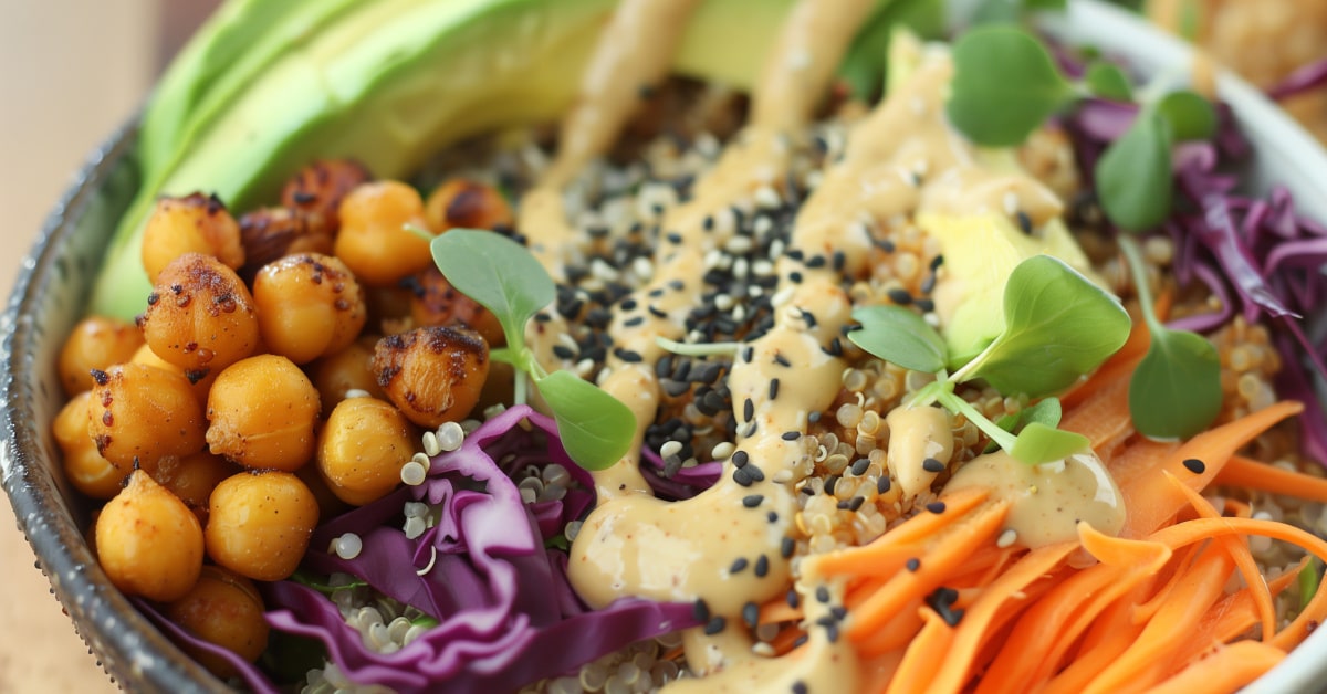Piatto con ceci e verdure condite con salsa tahin