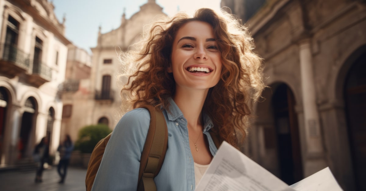 Donna che controlla una piantina della città che sta visitando come turista