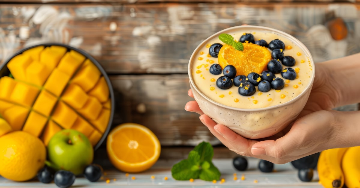 Mani che reggono una ciotola di smoothie di frutta fresca con mirtilli, arance e mango, circondata da vari frutti su un tavolo di legno rustico.