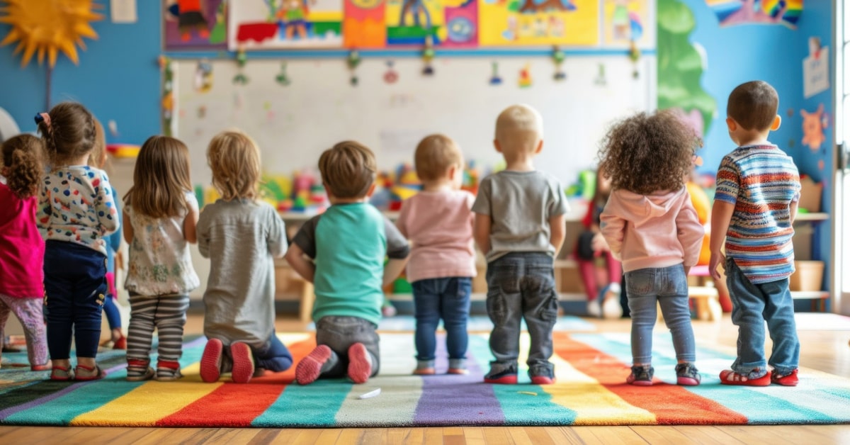 Bambini di spalle in un'aula di scuola mentre fanno attività ricreative