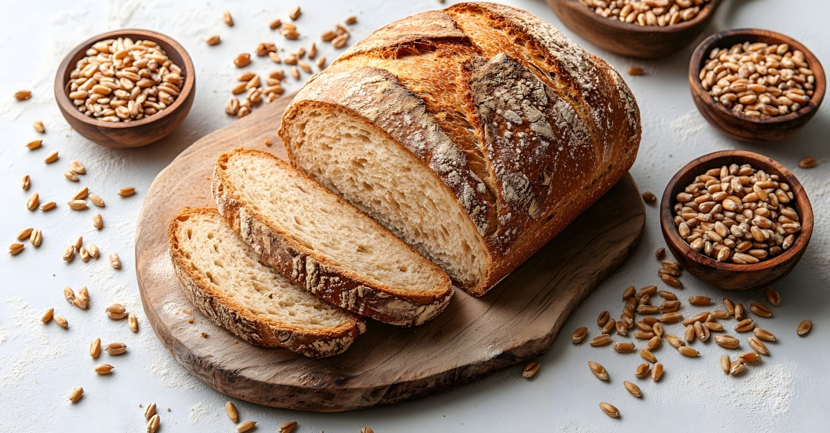 Filone di pane integrale con alcune fette su un tagliere di legno