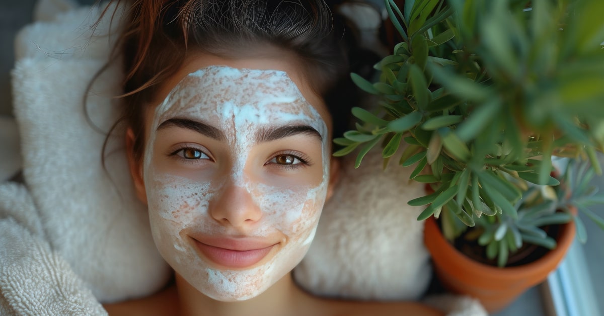 Donna stesa su lettino con maschera viso per skincare routine
