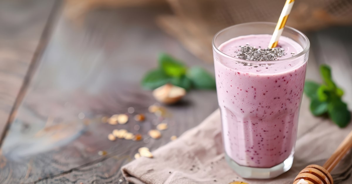 Smoothie di frutti rossi e semi di chia in bicchiere di vetro