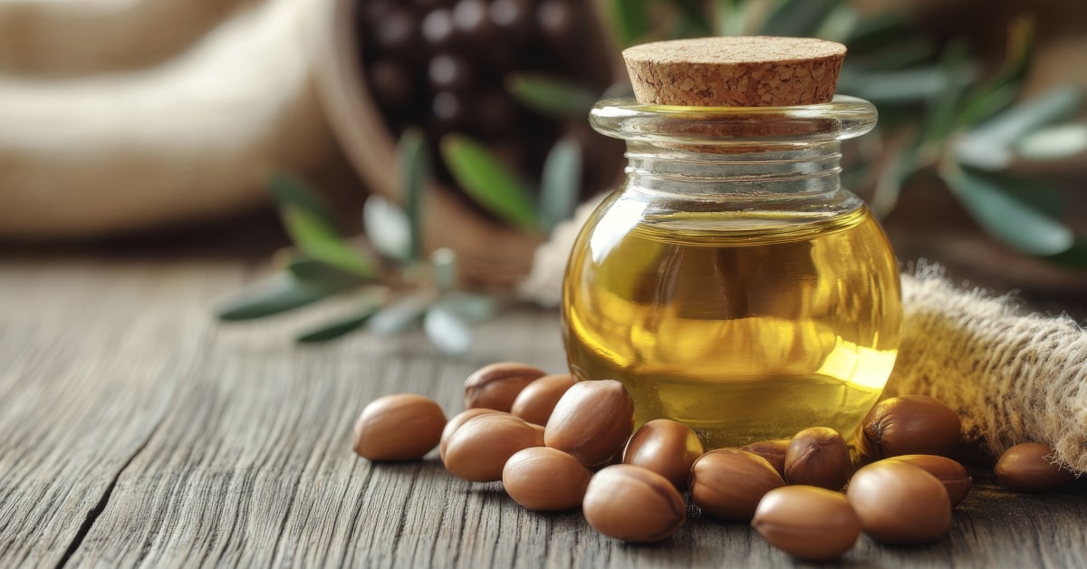 Bottiglia di vetro con olio di argan e semi della pianta su un tavolo