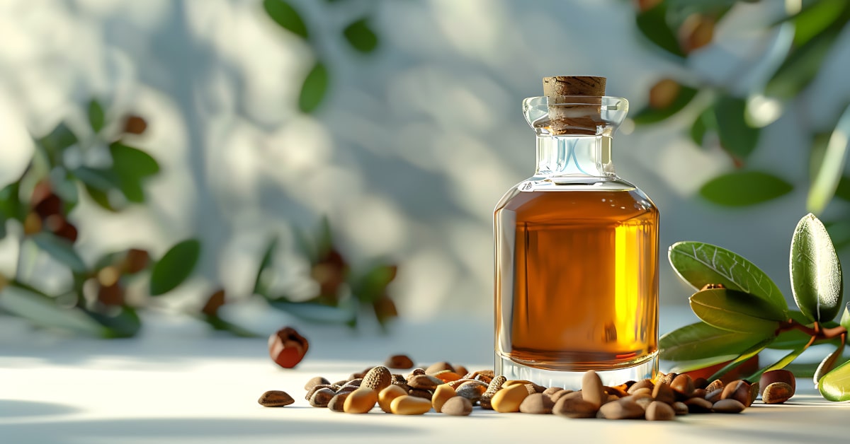 Bottiglia con olio di jojoba, rametto con foglie e semi della pianta