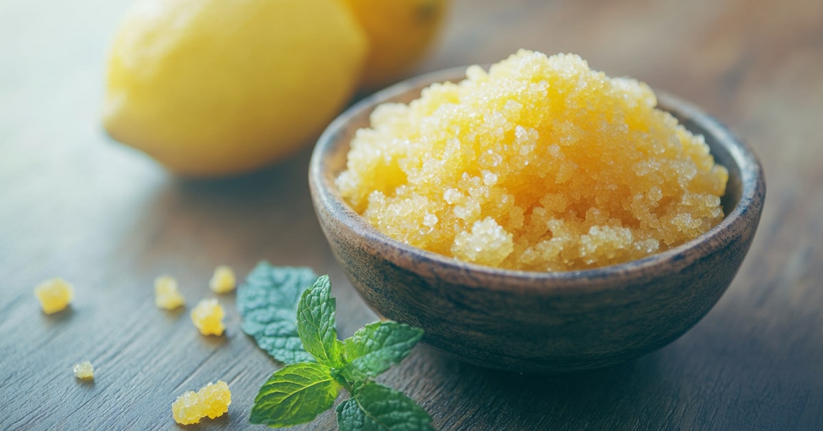 Ciotola con sale grosso e succo di limone per scrub