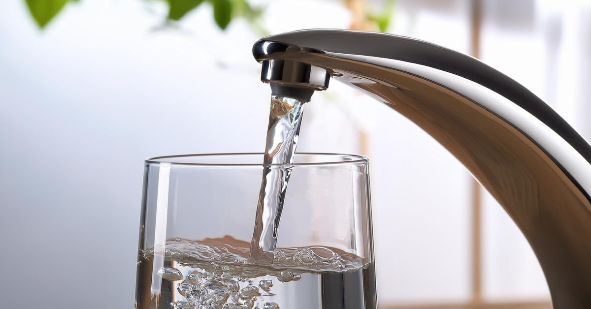 Rubinetto aperto con acqua che scorre dentro a un bicchiere di vetro