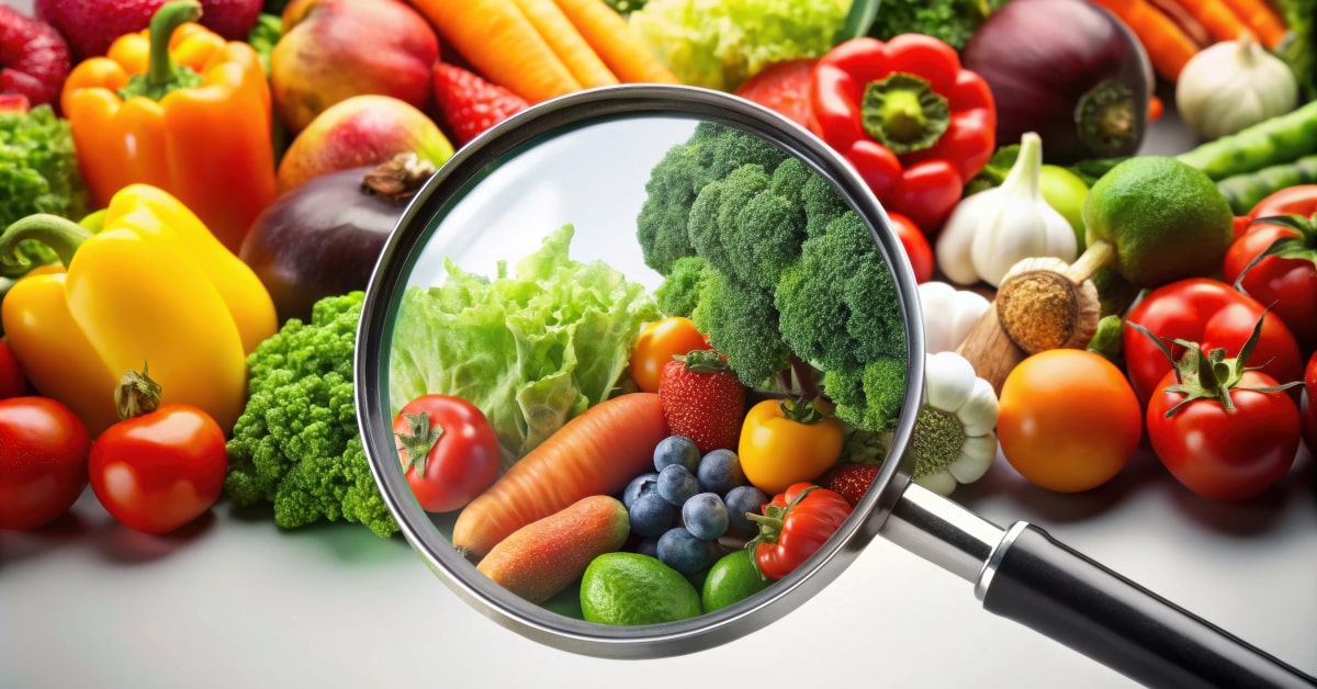 Lente di ingrandimento che ingrandisce frutta e verdura su un tavolo