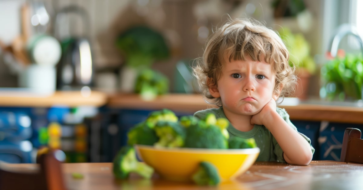 Bambino seduto a tavola arrabbiato perché non vuole mangiare la verdura