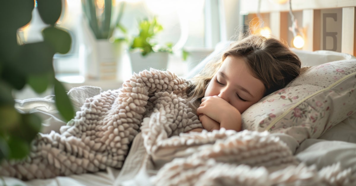 Bambina mentre dorme sul divano con coperta di lana