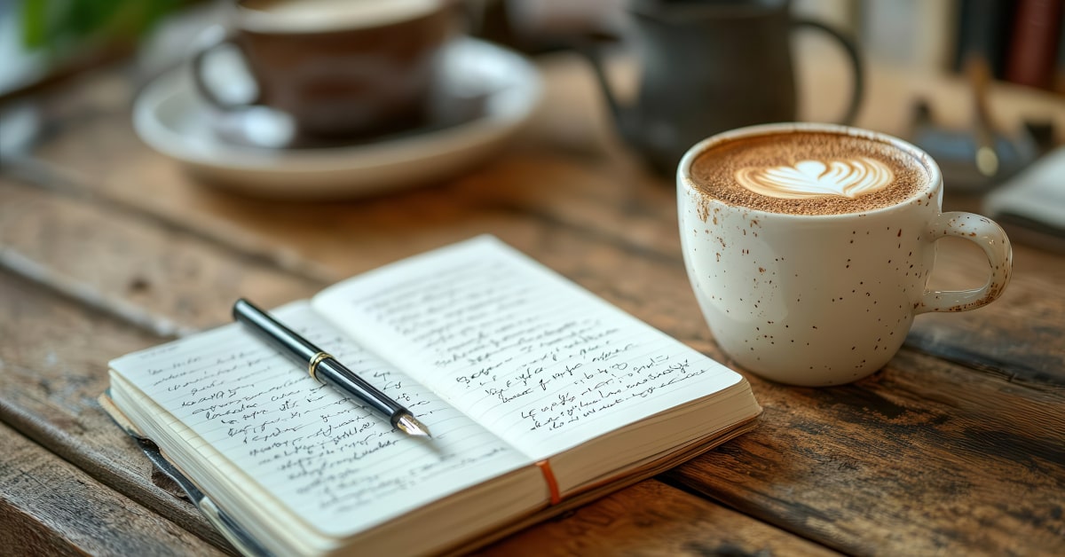 Diario aperto con pagine scritte e cappuccino sul tavolo